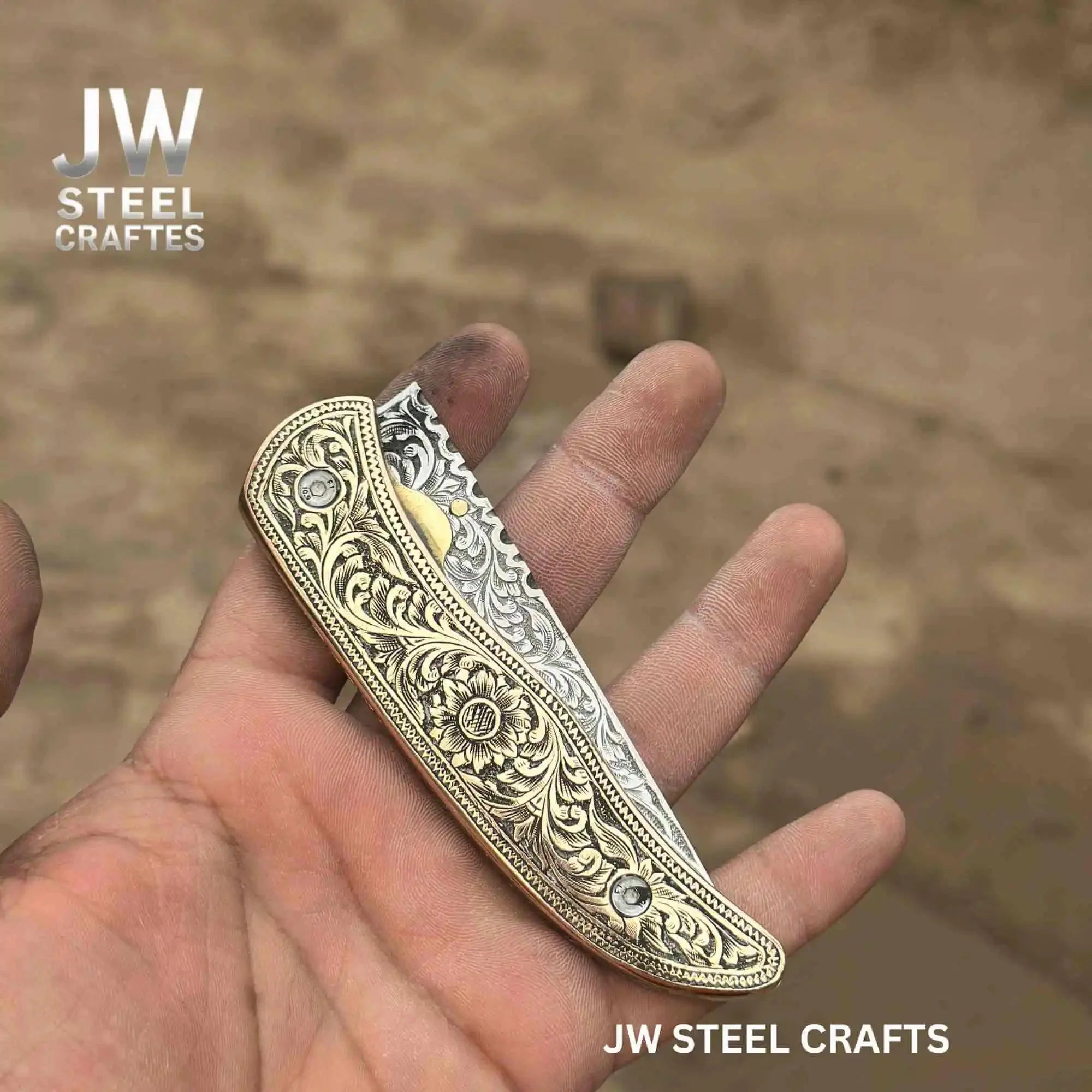 Handmade Engraved Damascus Folding Knife – Brass Handle EDC Pocket Knife