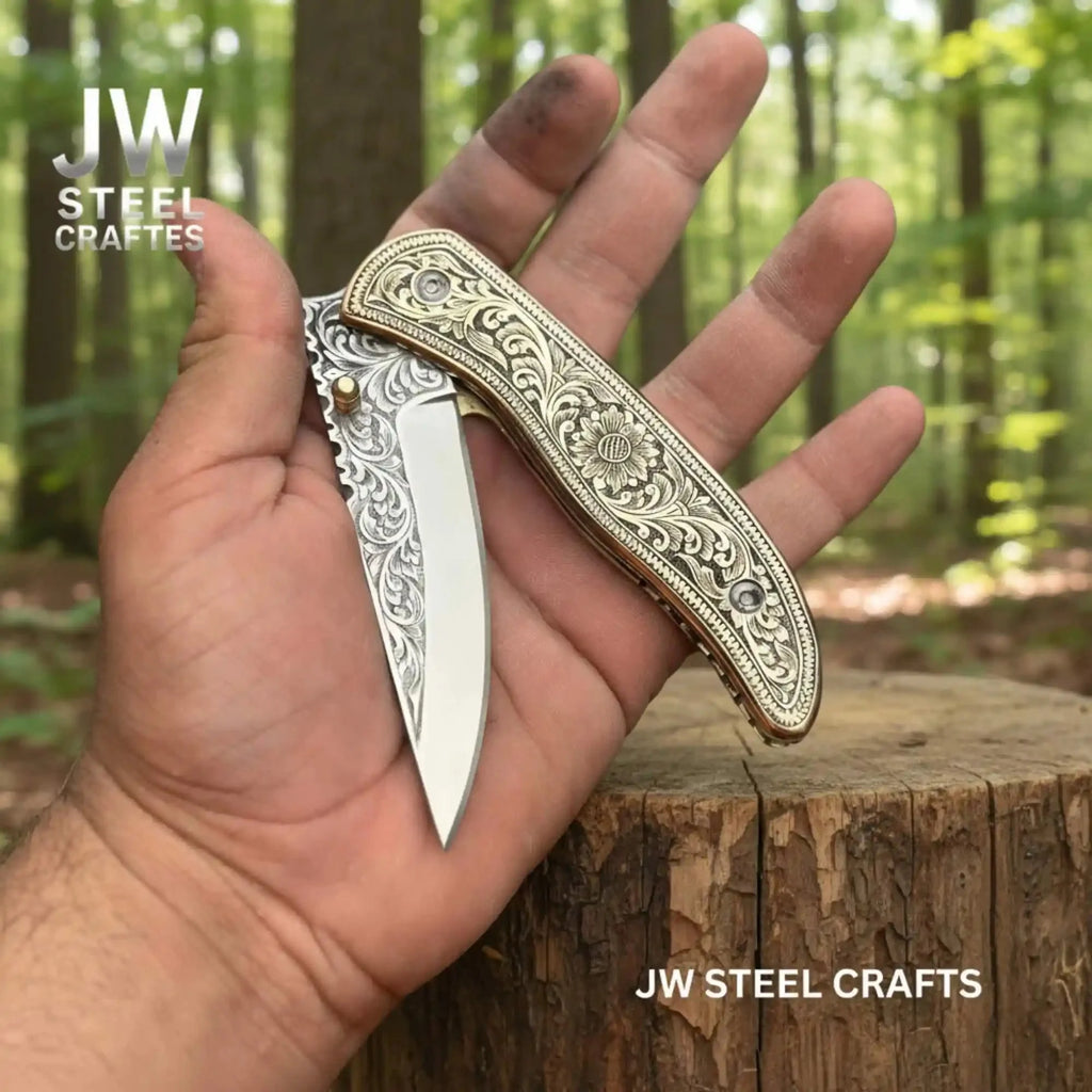 Handmade Engraved Damascus Folding Knife – Brass Handle EDC Pocket Knife