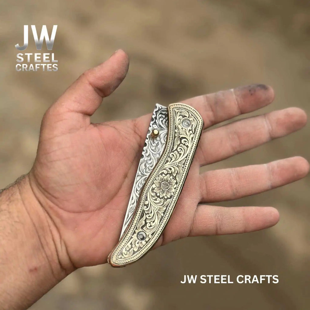 Handmade Engraved Damascus Folding Knife – Brass Handle EDC Pocket Knife