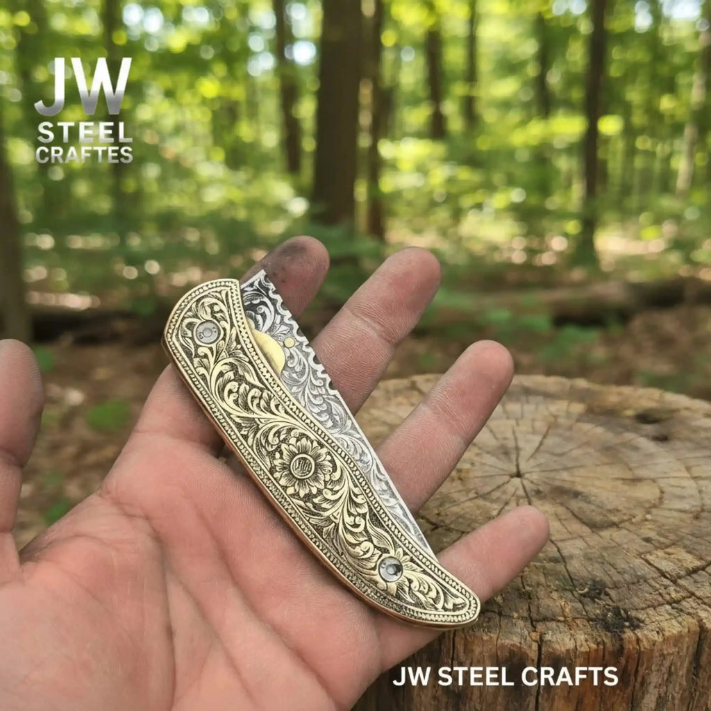 Handmade Engraved Damascus Folding Knife – Brass Handle EDC Pocket Knife