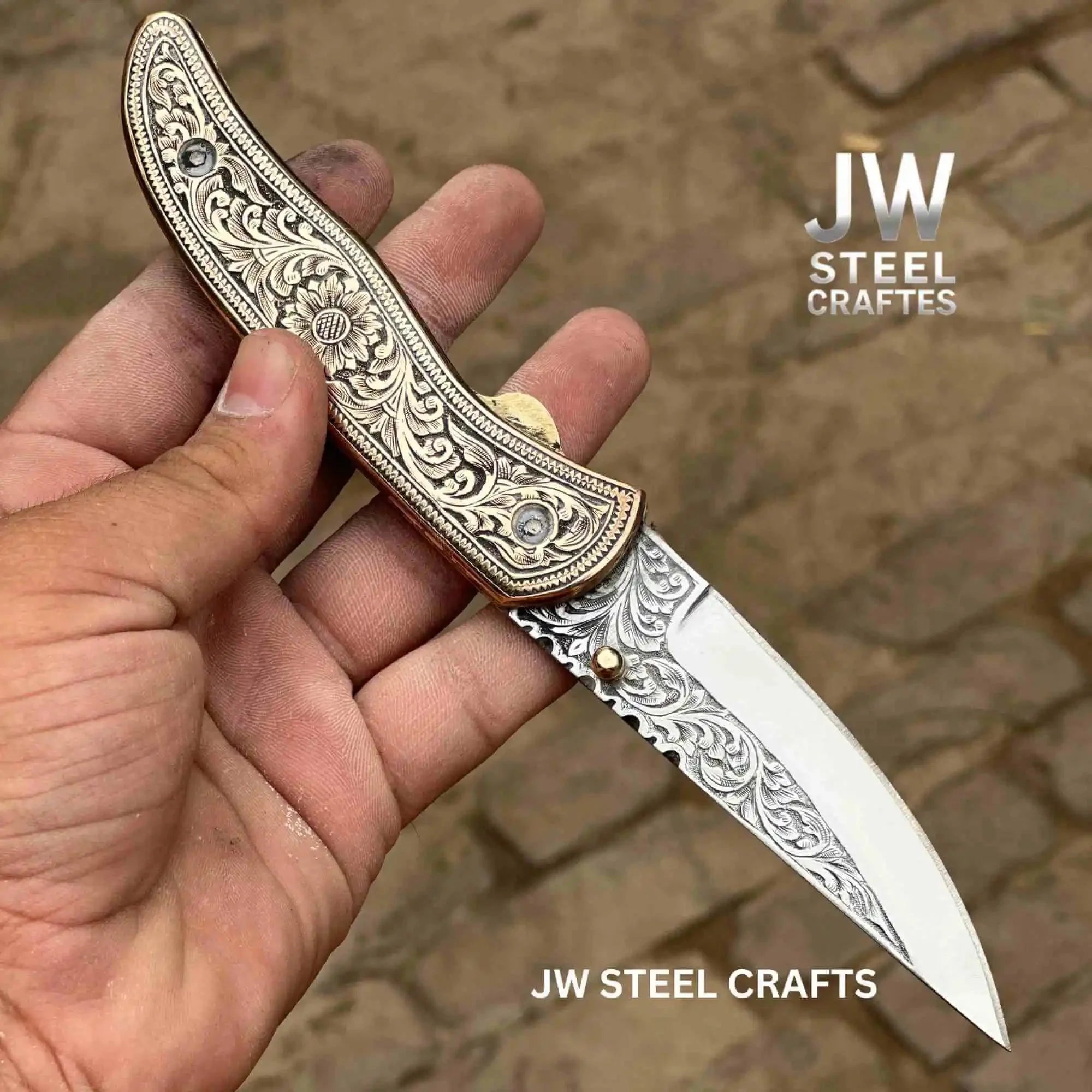 Handmade Engraved Damascus Folding Knife – Brass Handle EDC Pocket Knife