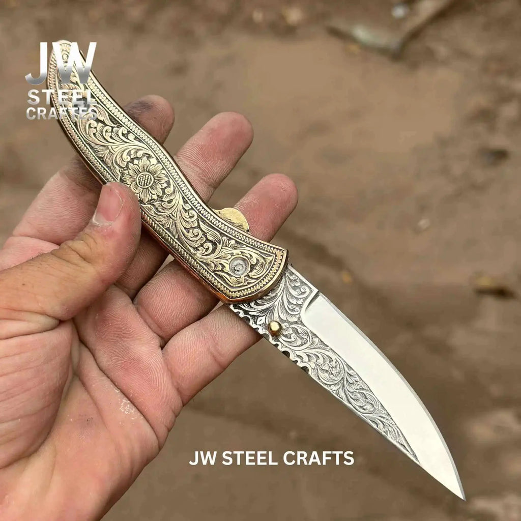Handmade Engraved Damascus Folding Knife – Brass Handle EDC Pocket Knife