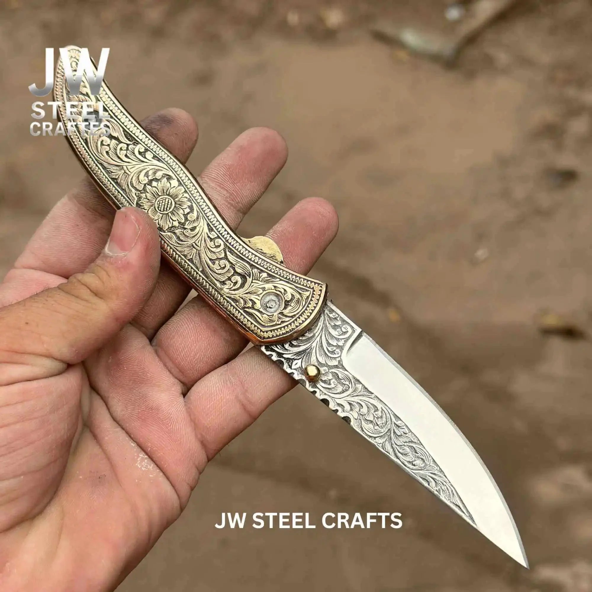 Handmade Engraved Damascus Folding Knife – Brass Handle EDC Pocket Knife