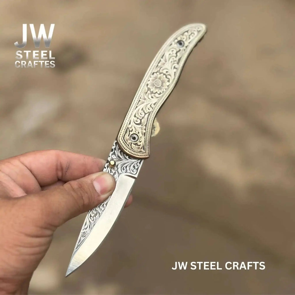 Handmade Engraved Damascus Folding Knife – Brass Handle EDC Pocket Knife