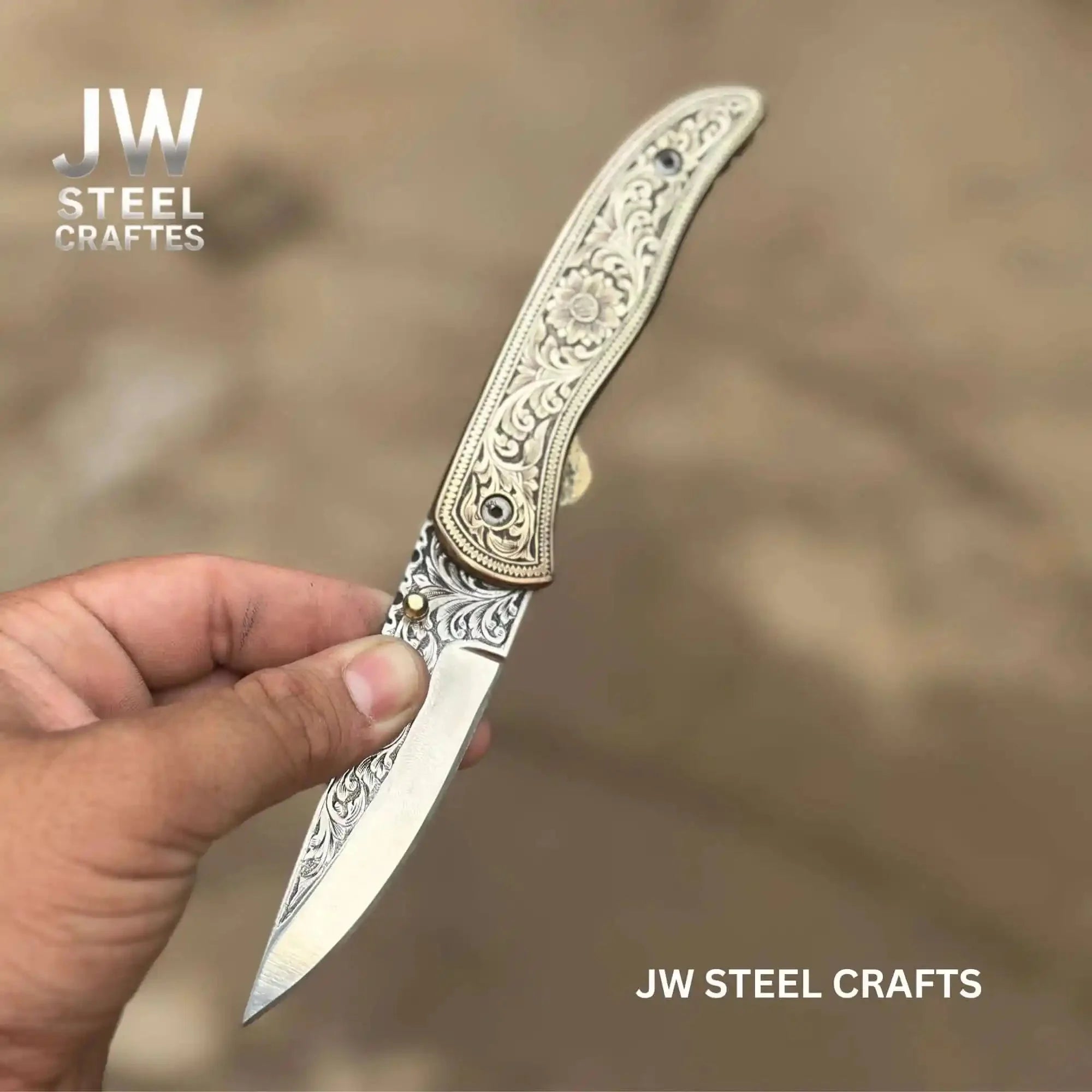 Handmade Engraved Damascus Folding Knife – Brass Handle EDC Pocket Knife