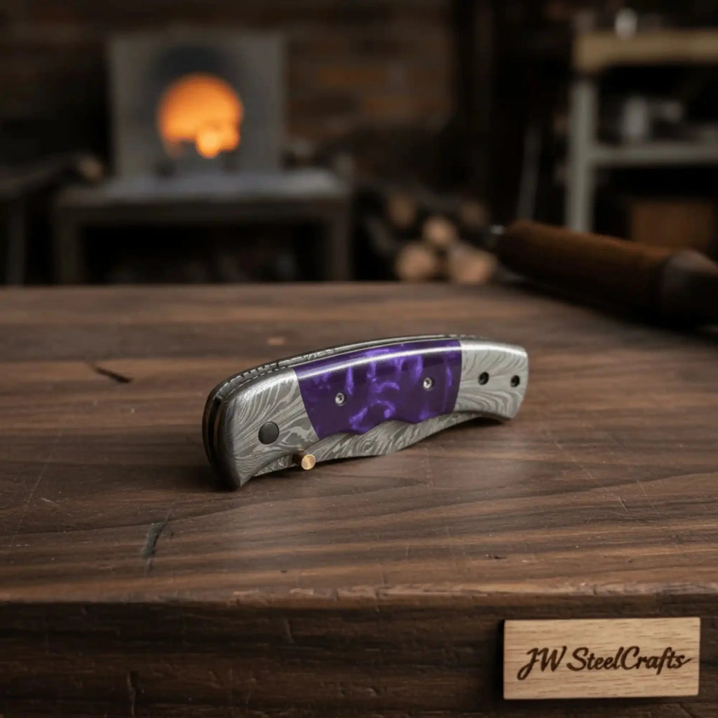 Handmade Feather Pattern Damascus Folding Knife with Purple Resin Handle & Leather Sheath
