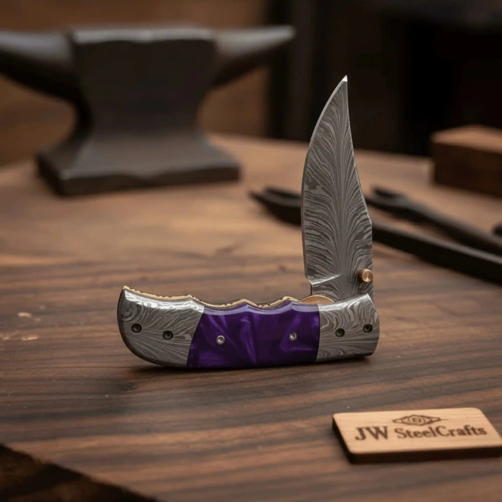 Handmade Feather Pattern Damascus Folding Knife with Purple Resin Handle & Leather Sheath