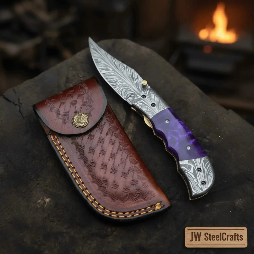 Handmade Feather Pattern Damascus Folding Knife with Purple Resin Handle & Leather Sheath