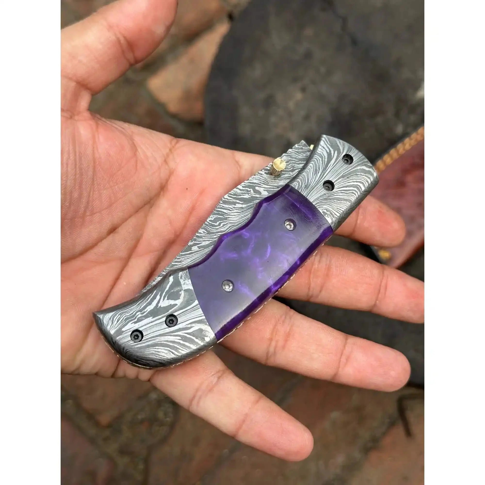 Handmade Feather Pattern Damascus Folding Knife with Purple Resin Handle & Leather Sheath