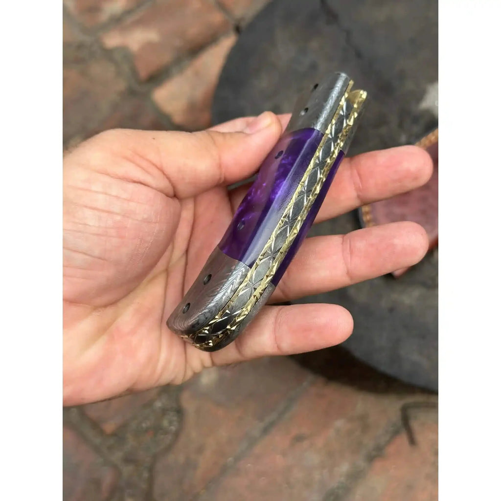 Handmade Feather Pattern Damascus Folding Knife with Purple Resin Handle & Leather Sheath