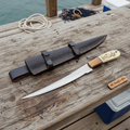 Handmade Fillet Knife – 13 Inch , Narrow Fish Filleting Blade with Engraved Bone and Wood Handle, Full Tang Fishing Knife with Leather Sheath