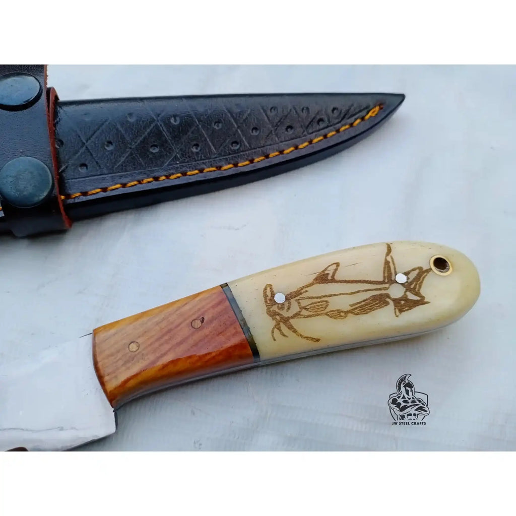 Handmade Fillet Knife – 13 Inch , Narrow Fish Filleting Blade with Engraved Bone and Wood Handle, Full Tang Fishing Knife with Leather Sheath