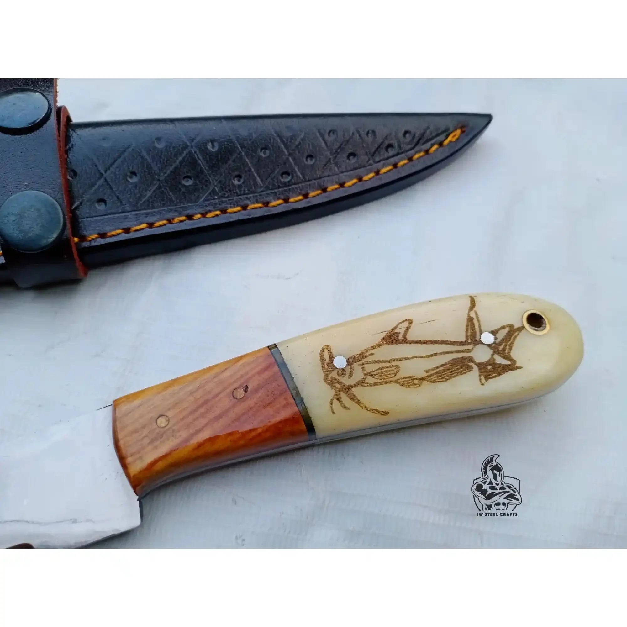 Handmade Fillet Knife – 13 Inch , Narrow Fish Filleting Blade with Engraved Bone and Wood Handle, Full Tang Fishing Knife with Leather Sheath