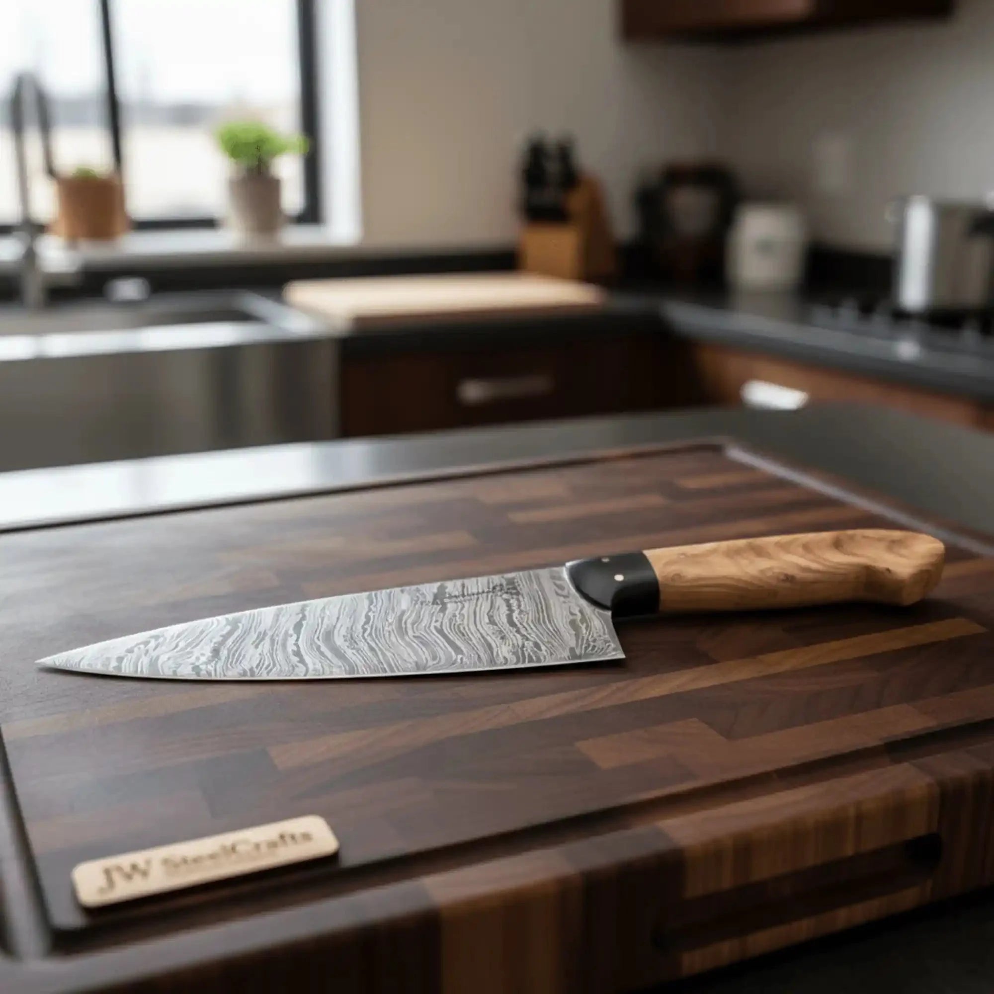Handmade Fire Pattern Damascus Chef Knife Olive Wood and Black Resin Handle Full Tang Professional Kitchen Knife