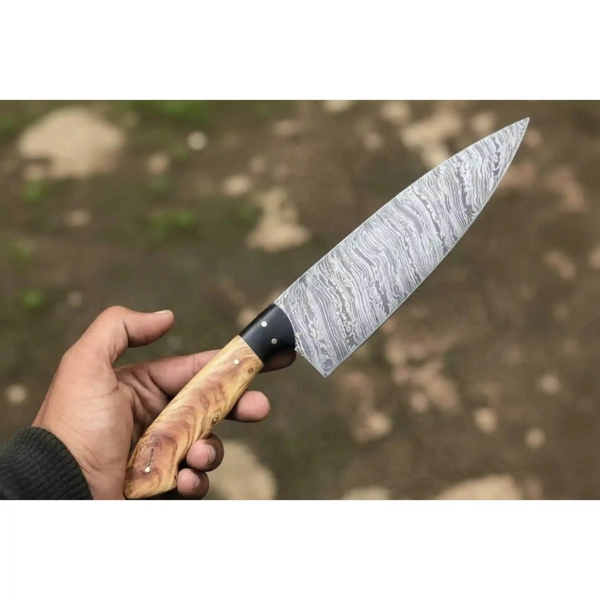 Handmade Fire Pattern Damascus Chef Knife Olive Wood and Black Resin Handle Full Tang Professional Kitchen Knife