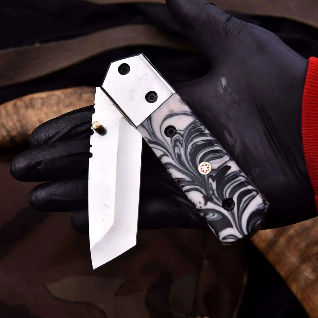 Handmade Folding Knife – Marble Resin Handle with Cleaver-Style Blade
