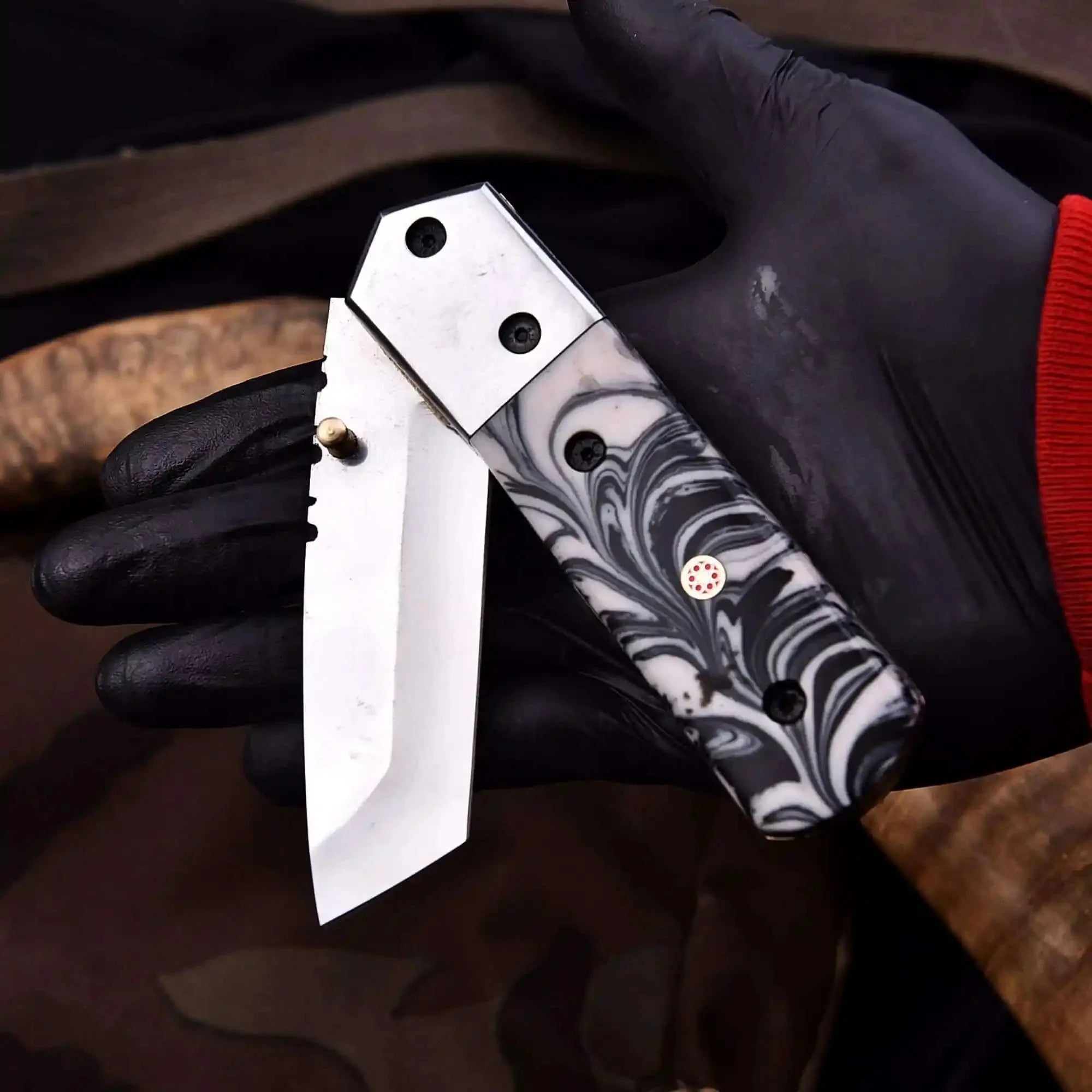 Handmade Folding Knife – Marble Resin Handle with Cleaver-Style Blade