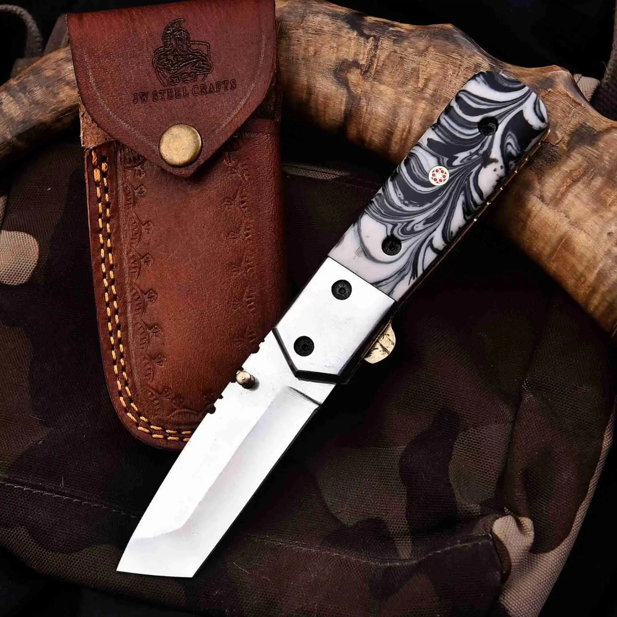 Handmade Folding Knife – Marble Resin Handle with Cleaver-Style Blade