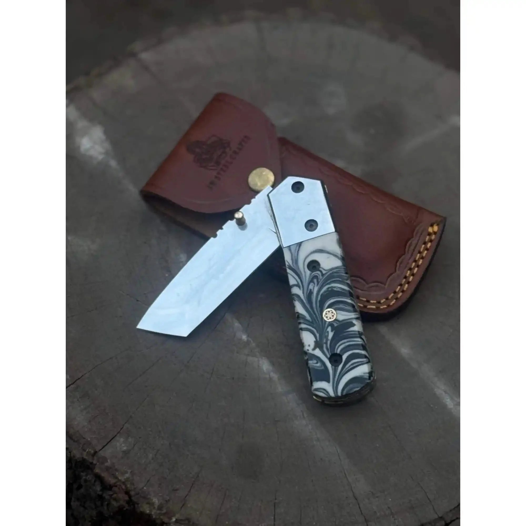 Handmade Folding Knife – Marble Resin Handle with Cleaver-Style Blade
