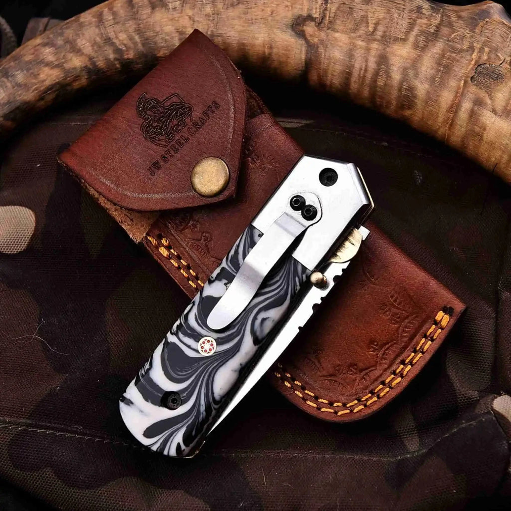 Handmade Folding Knife – Marble Resin Handle with Cleaver-Style Blade