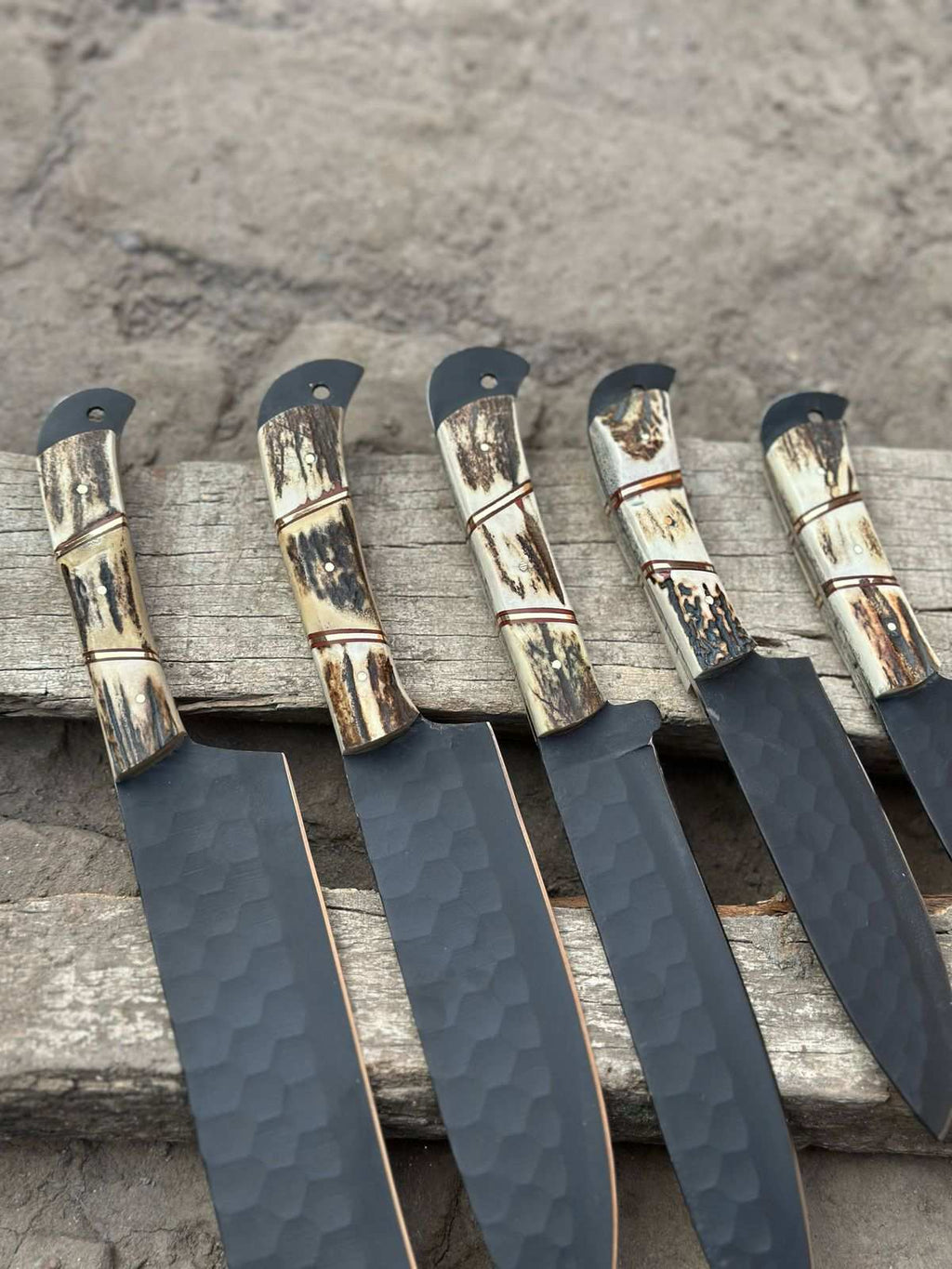 Handmade Hammered Chef Knife Set with Stag Antler Handles | 5-Piece Kitchen Knife Set