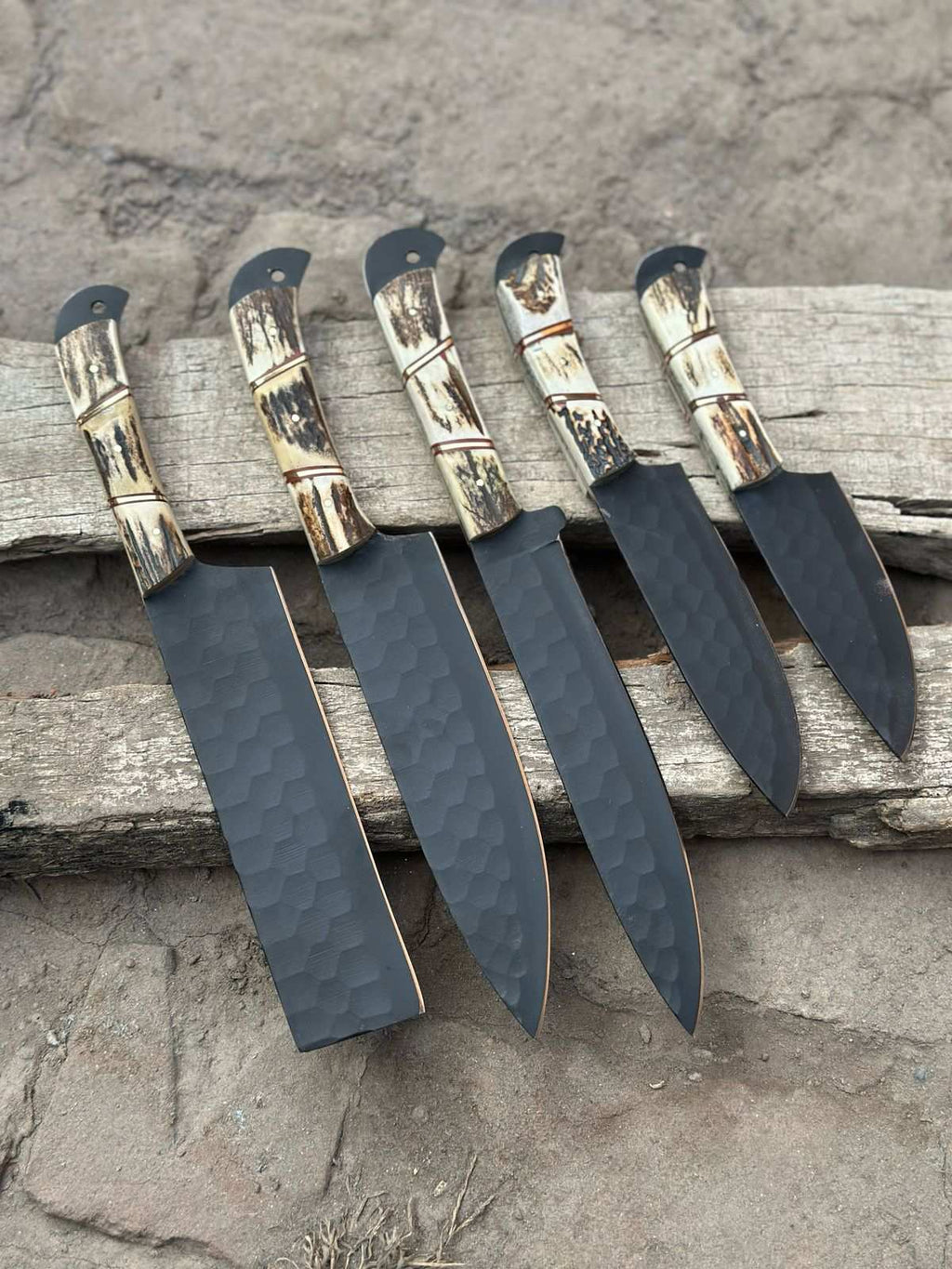 Handmade Hammered Chef Knife Set with Stag Antler Handles | 5-Piece Kitchen Knife Set