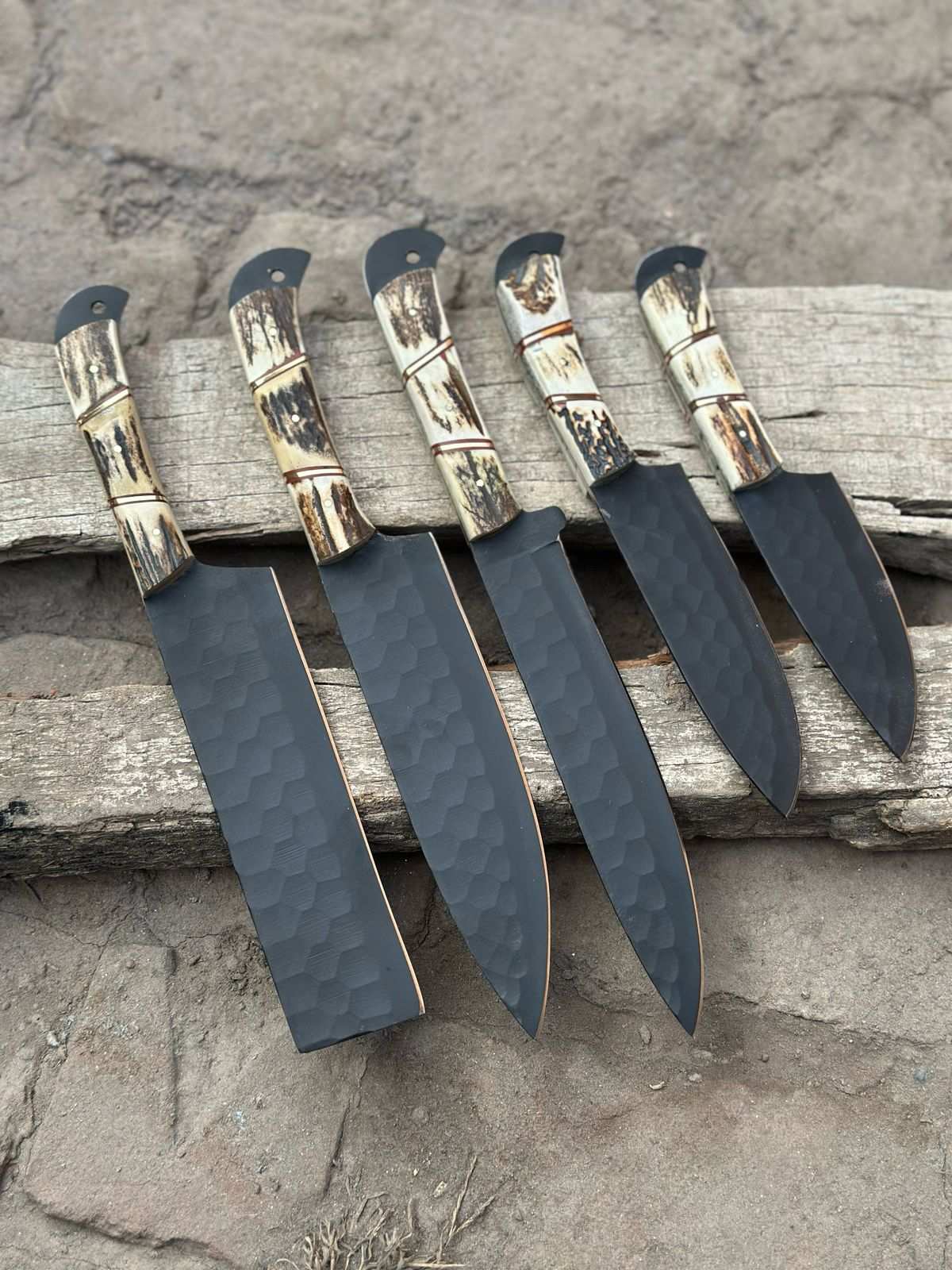 Handmade Hammered Chef Knife Set with Stag Antler Handles | 5-Piece Kitchen Knife Set