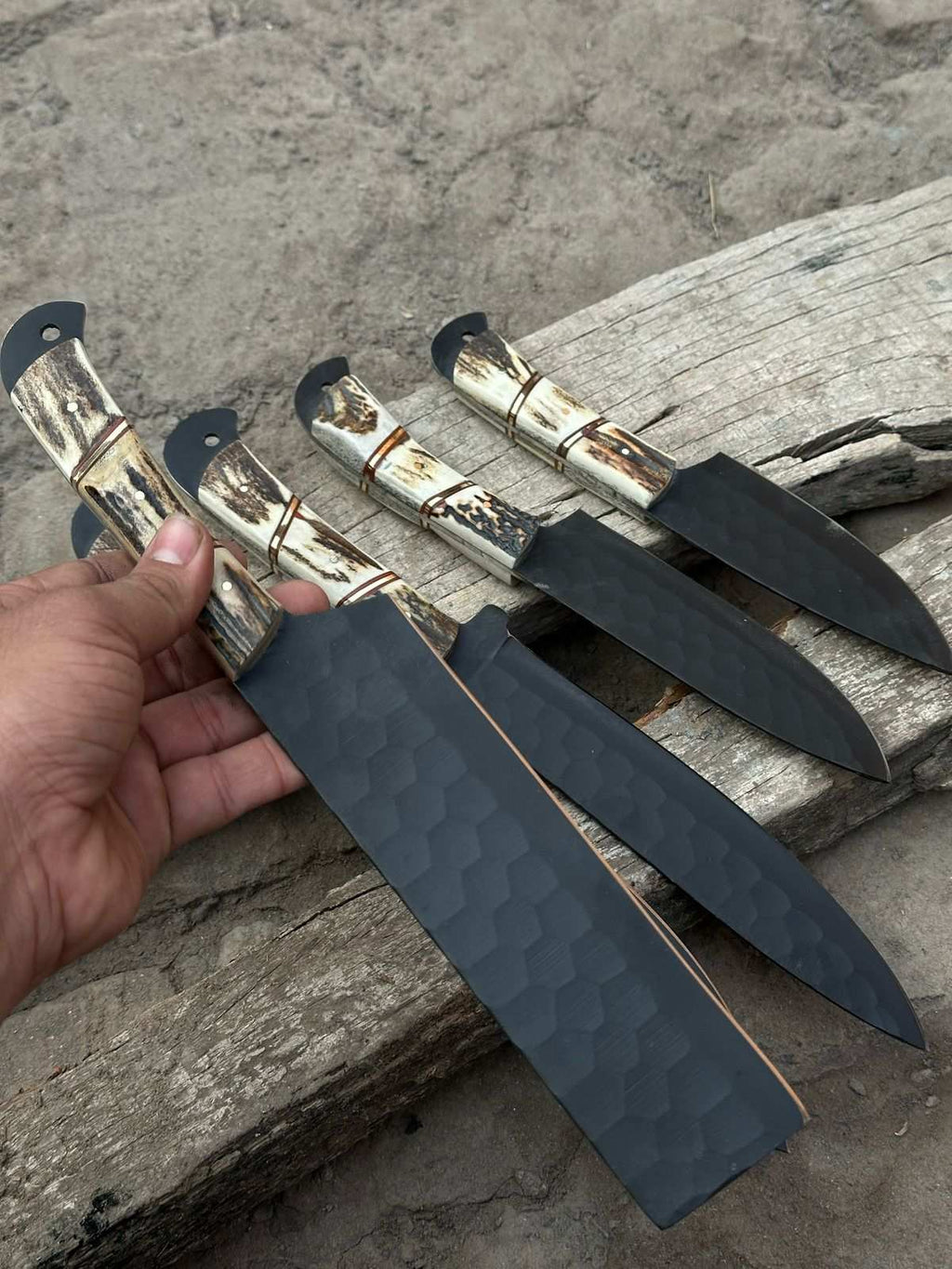Handmade Hammered Chef Knife Set with Stag Antler Handles | 5-Piece Kitchen Knife Set