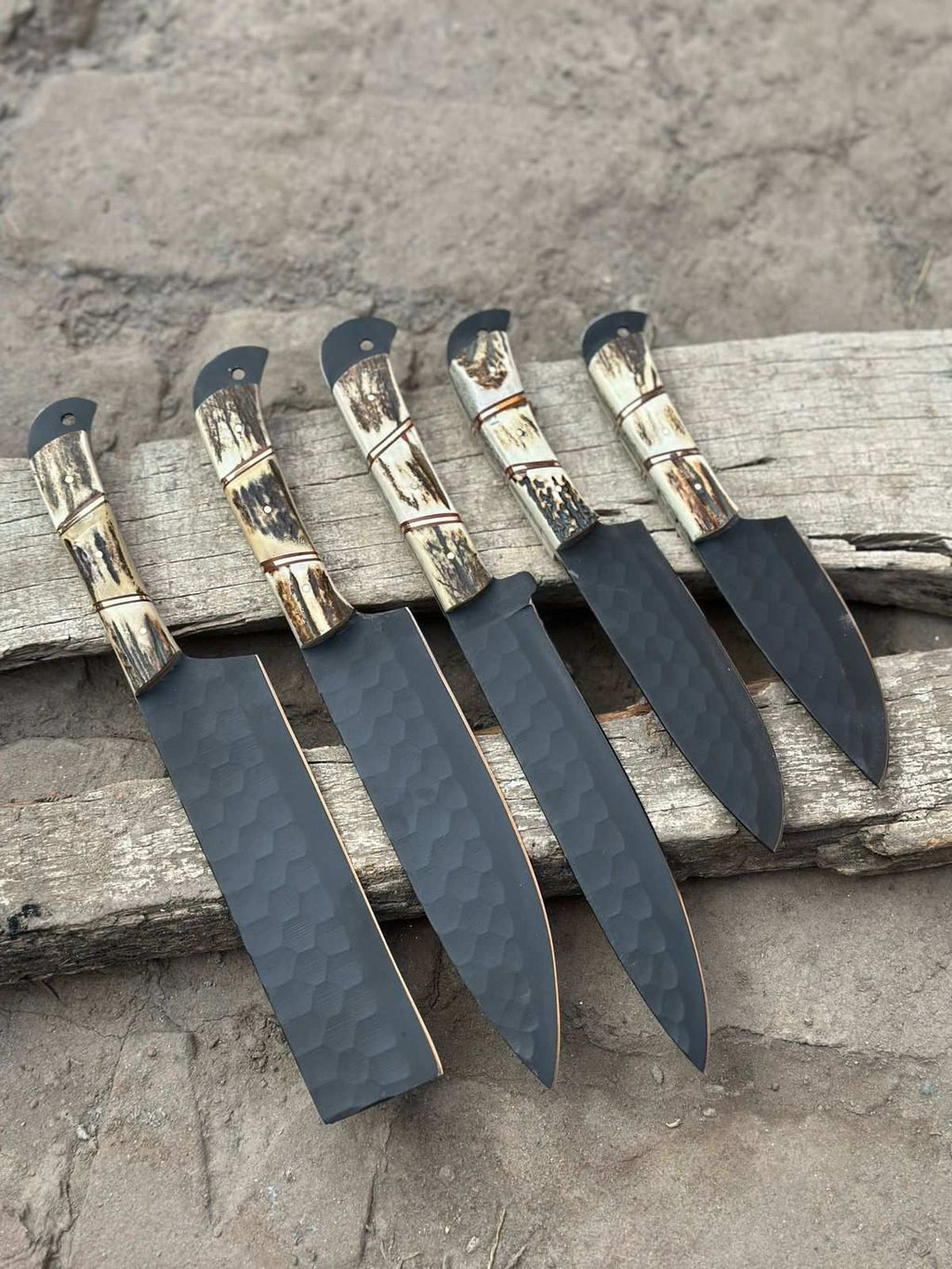 Handmade Hammered Chef Knife Set with Stag Antler Handles | 5-Piece Kitchen Knife Set