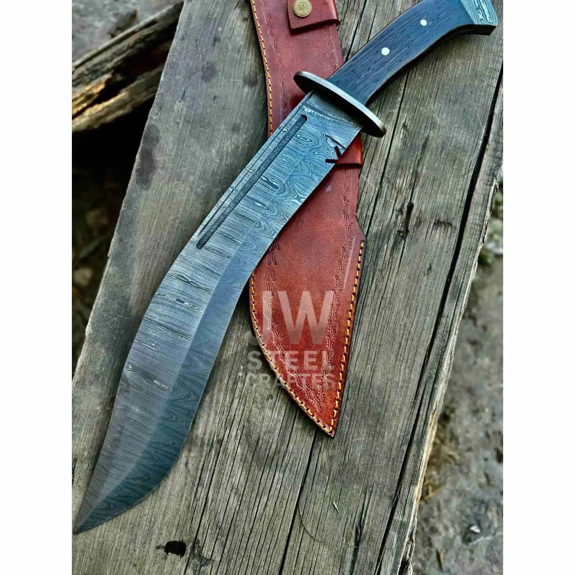 Handmade Kukri Bowie Knife Damascus Steel Recurve Blade Full Tang with Leather Sheath – JW SteelCrafts