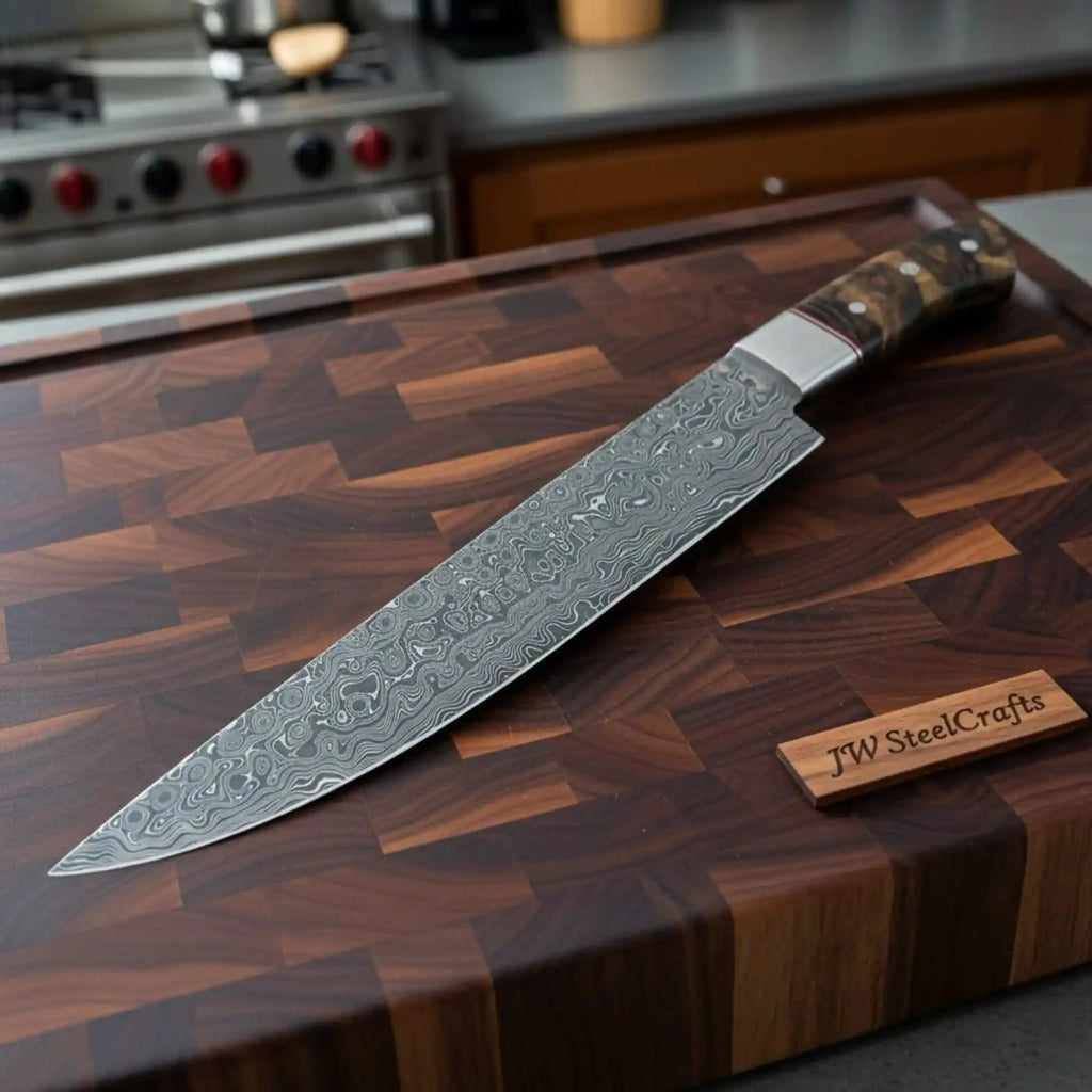 Handmade Raindrop Damascus Chef Knife 9 Inch Blade, Full Tang Forged Kitchen Knife with Stabilized Wood Handle, Professional Meat Cutting and Cooking Knife JW SteelCrafts