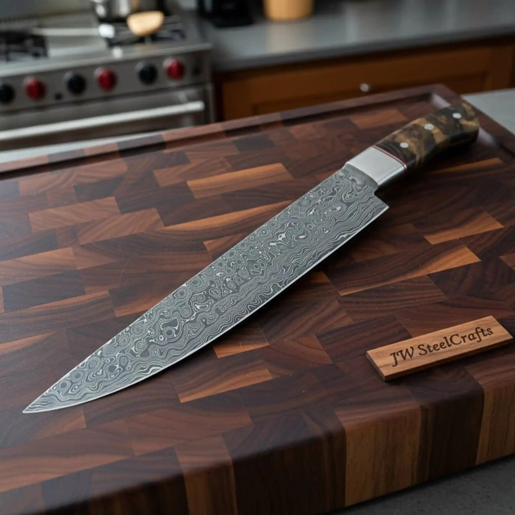 Handmade Raindrop Damascus Chef Knife 9 Inch Blade, Full Tang Forged Kitchen Knife with Stabilized Wood Handle, Professional Meat Cutting and Cooking Knife JW SteelCrafts