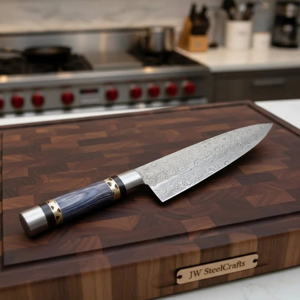 Handmade Raindrop Damascus Chef Knife, Full Tang 12 Inch Kitchen Knife with Grey Wood Handle, Brass Filework, Steel Bolster and Pommel