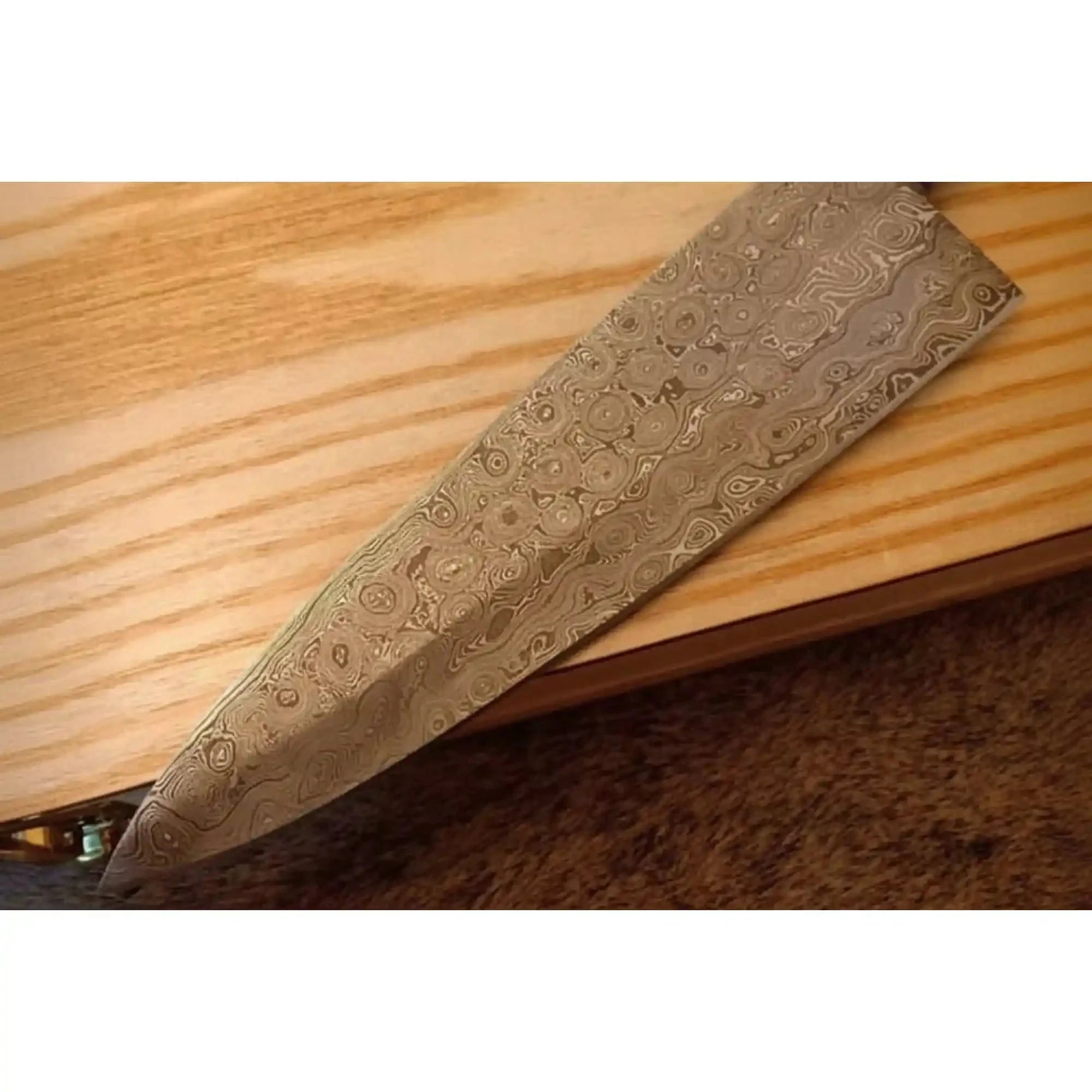Handmade Raindrop Damascus Chef Knife, Full Tang 12 Inch Kitchen Knife with Grey Wood Handle, Brass Filework, Steel Bolster and Pommel