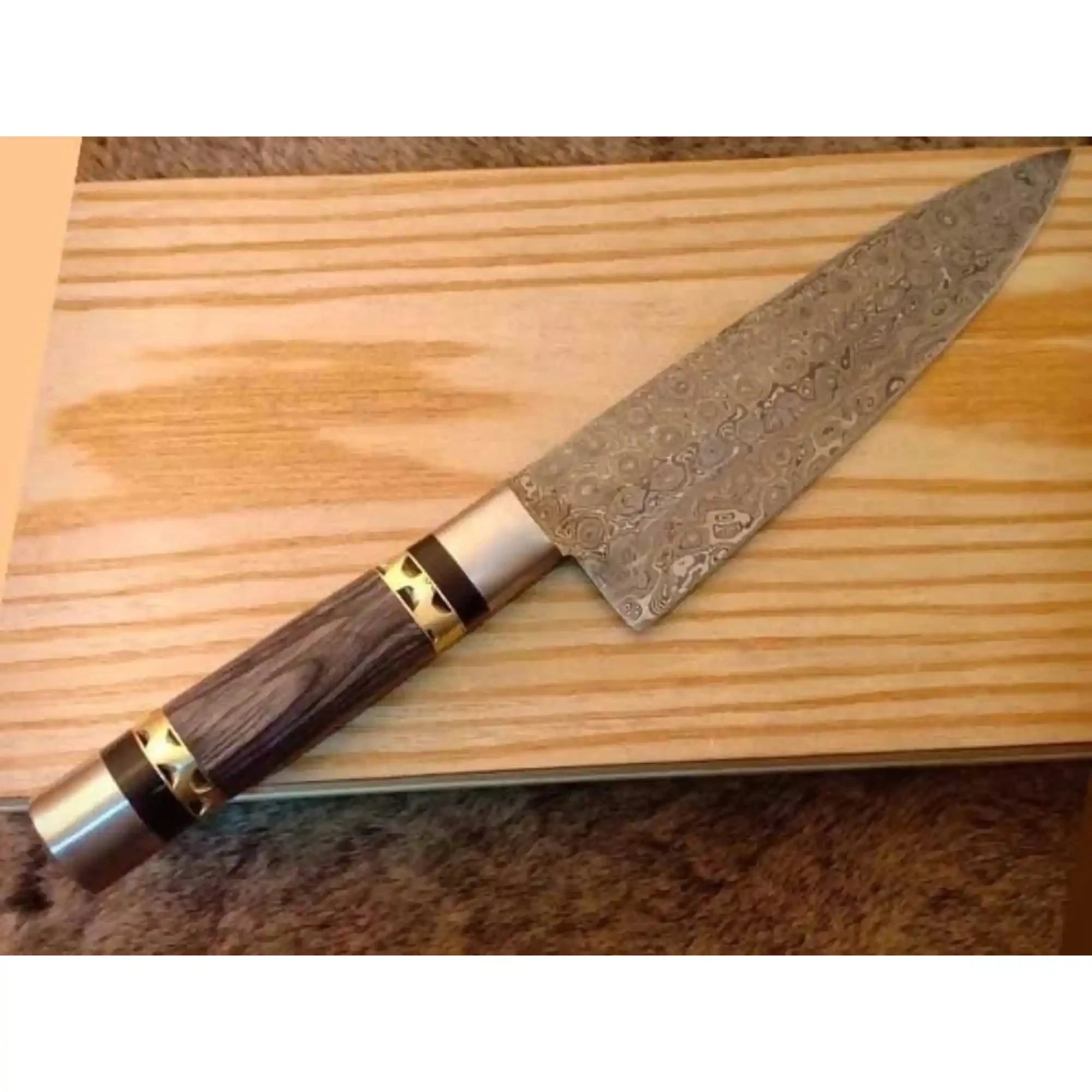 Handmade Raindrop Damascus Chef Knife, Full Tang 12 Inch Kitchen Knife with Grey Wood Handle, Brass Filework, Steel Bolster and Pommel