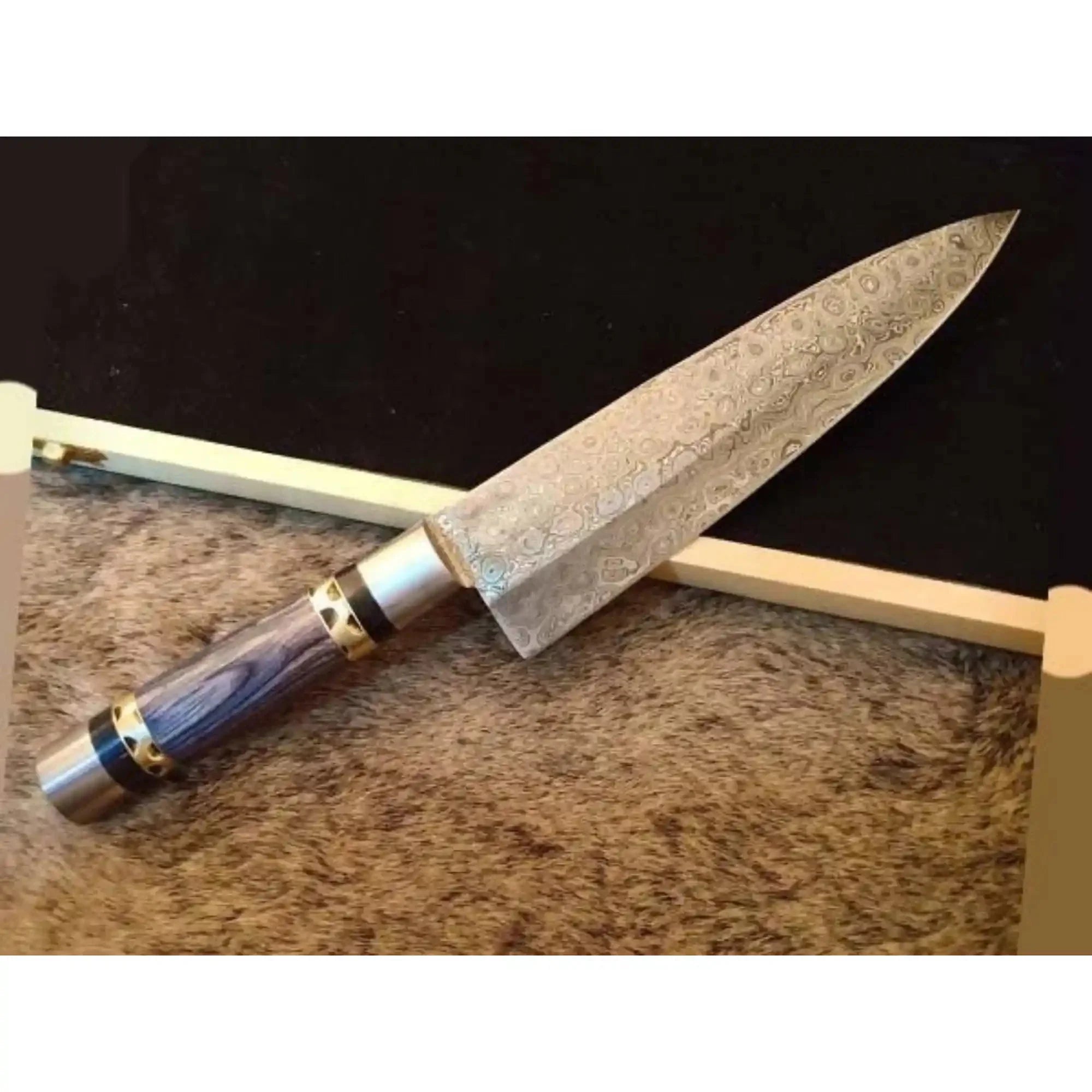 Handmade Raindrop Damascus Chef Knife, Full Tang 12 Inch Kitchen Knife with Grey Wood Handle, Brass Filework, Steel Bolster and Pommel
