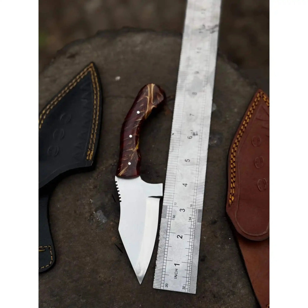 Handmade Stainless Steel Outdoor Knife – Red Swirl Resin Handle | Leather Sheath – JW SteelCrafts