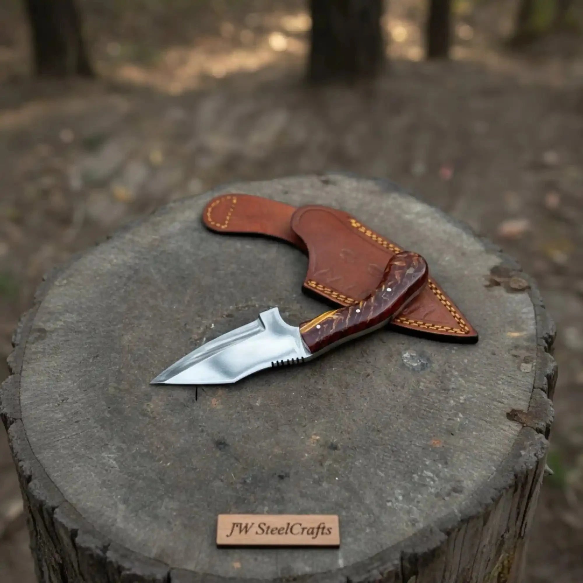 Handmade Stainless Steel Outdoor Knife – Red Swirl Resin Handle | Leather Sheath – JW SteelCrafts