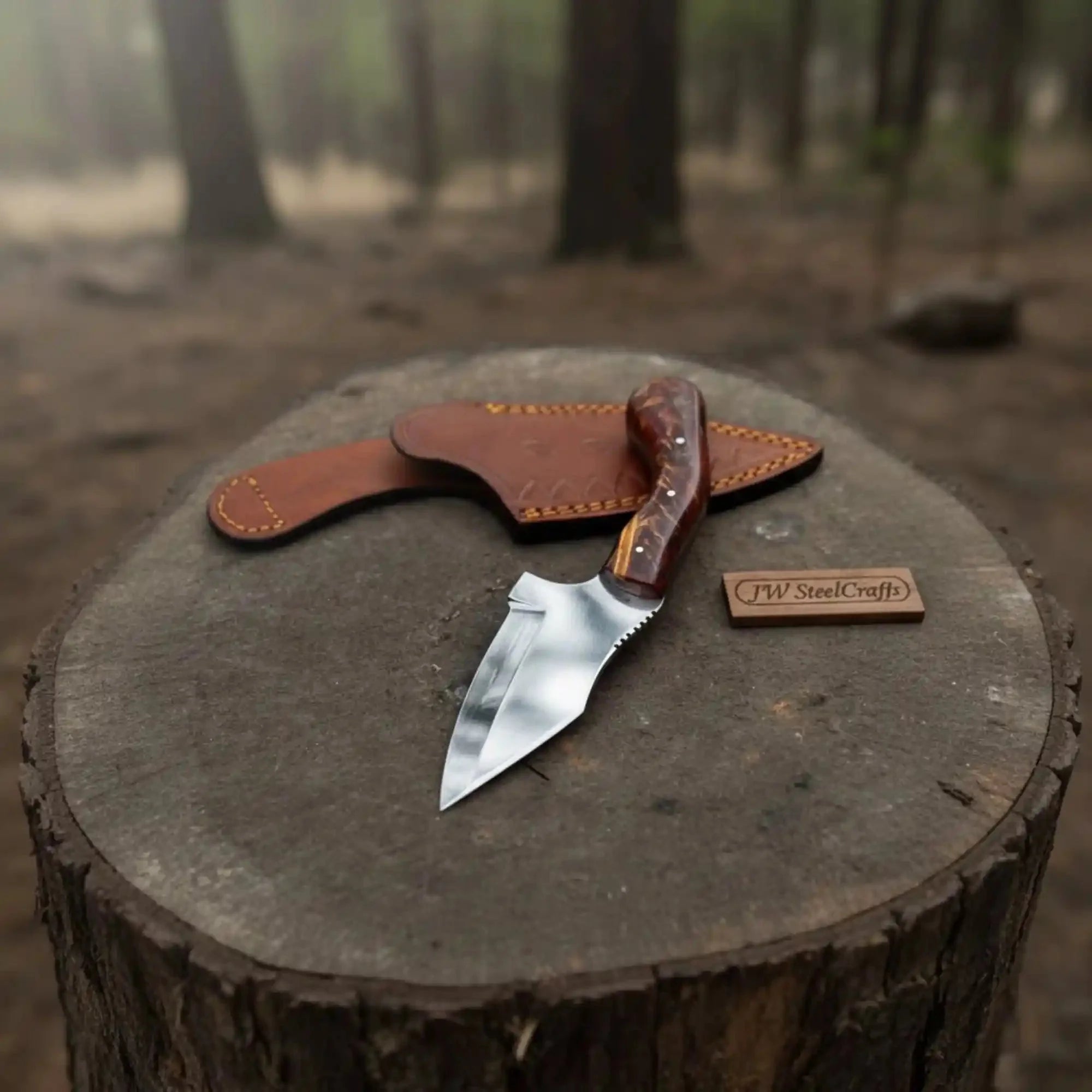 Handmade Stainless Steel Outdoor Knife – Red Swirl Resin Handle | Leather Sheath – JW SteelCrafts