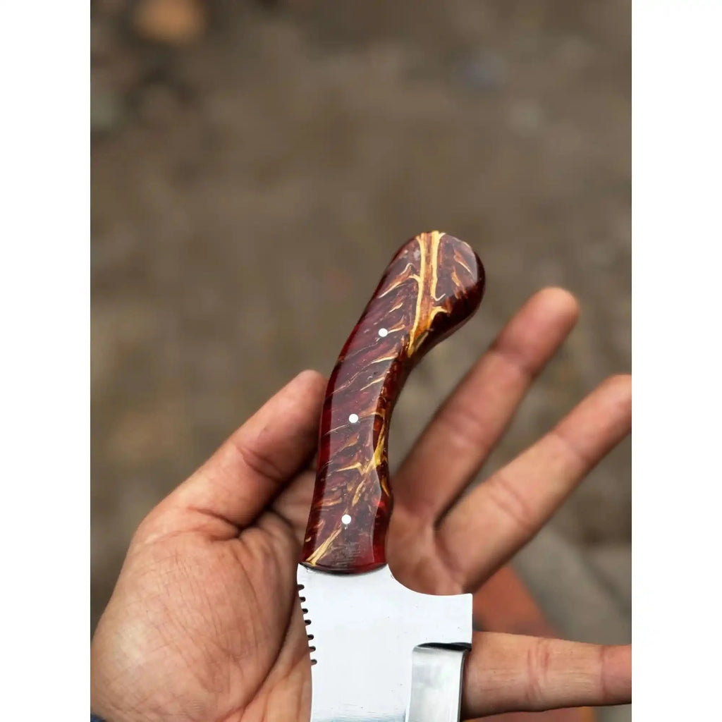 Handmade Stainless Steel Outdoor Knife – Red Swirl Resin Handle | Leather Sheath – JW SteelCrafts