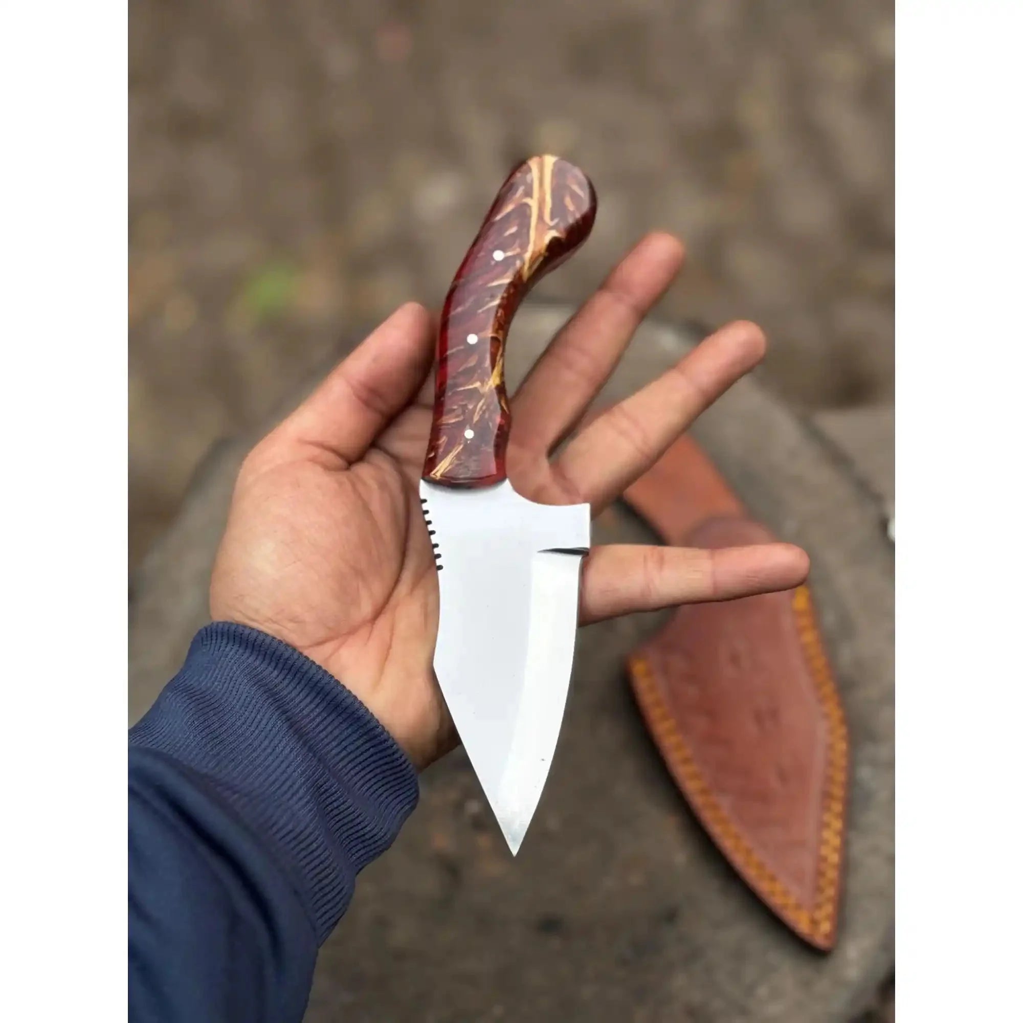 Handmade Stainless Steel Outdoor Knife – Red Swirl Resin Handle | Leather Sheath – JW SteelCrafts