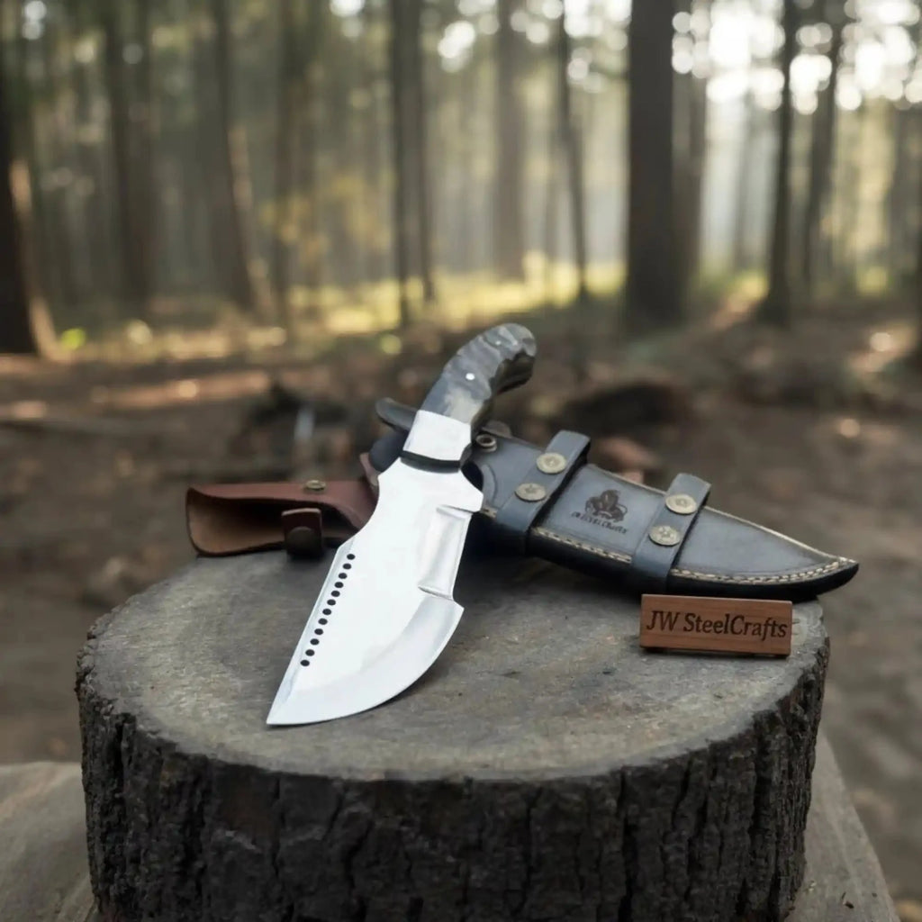 Handmade Stainless Steel Tracker Knife – Ram Horn or Wendi Wood Handle | Heavy Duty Hunting & Camping Knife | JW SteelCrafts