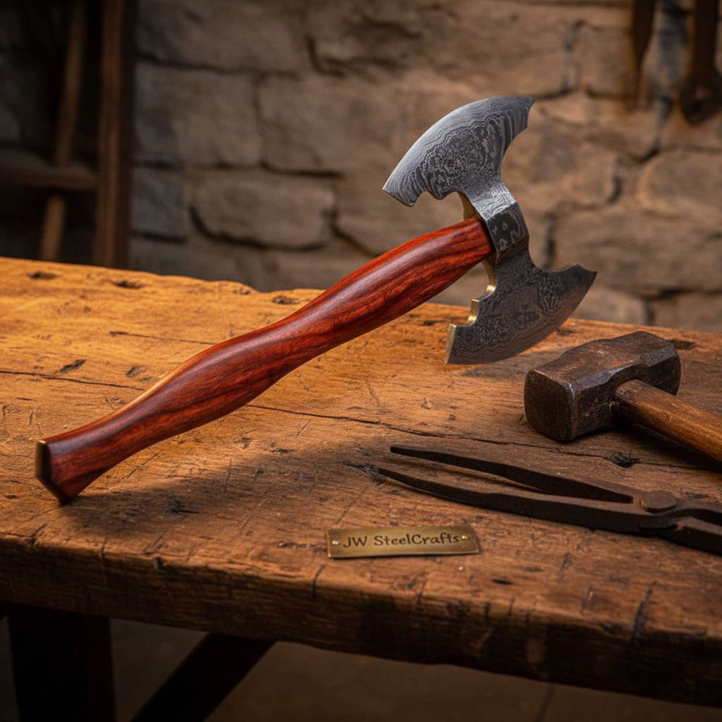 Handmade Viking Camp Axe, Broad Crescent Pattern-Welded Blade