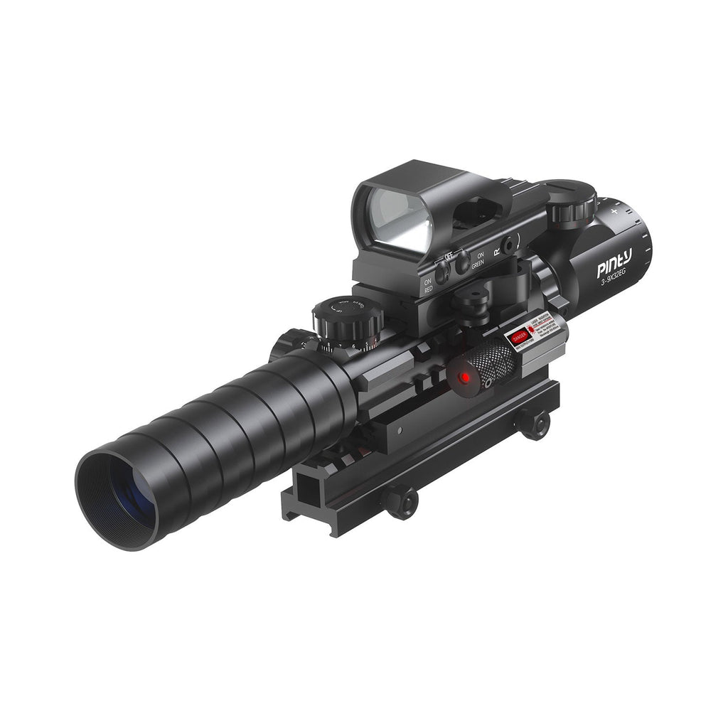 3-in-1 Rifle Scope Combo, 3-9*32mm Rangefinder Scope, Red&Green Dot Sight, Red Laser, 14 Slots Riser