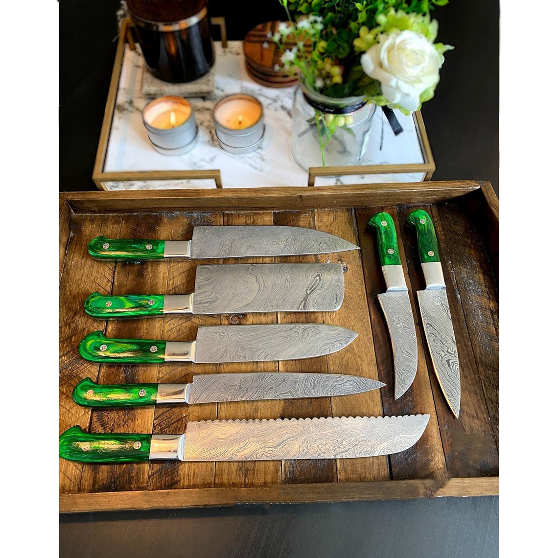 Custom Handmade Damascus Steel Knife – 13” Pakka Wood Handle, Steel Bolster & Leather Roll | Premium Knife Set Piece
