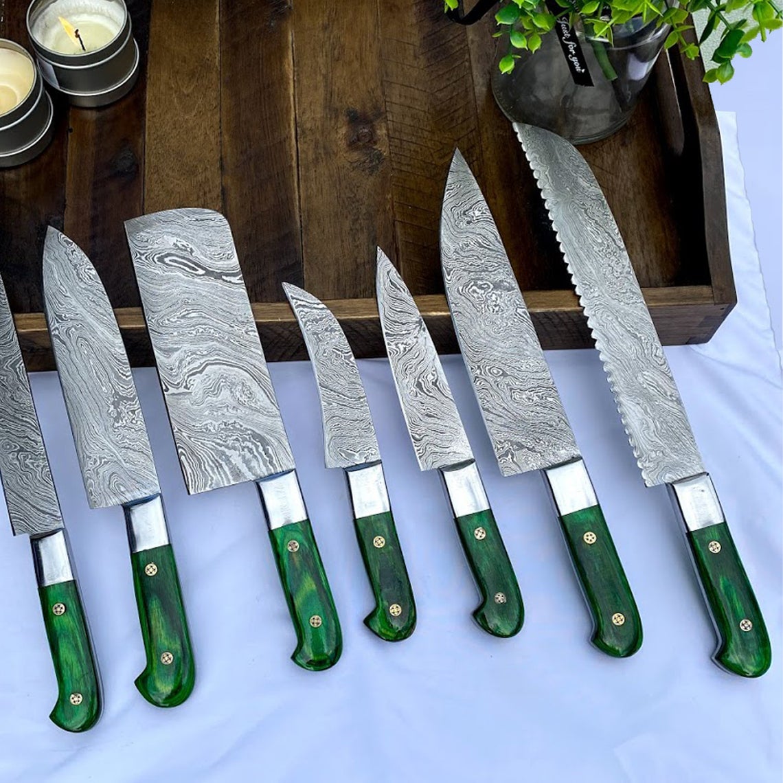 Custom Handmade Damascus Steel Knife – 13” Pakka Wood Handle, Steel Bolster & Leather Roll | Premium Knife Set Piece