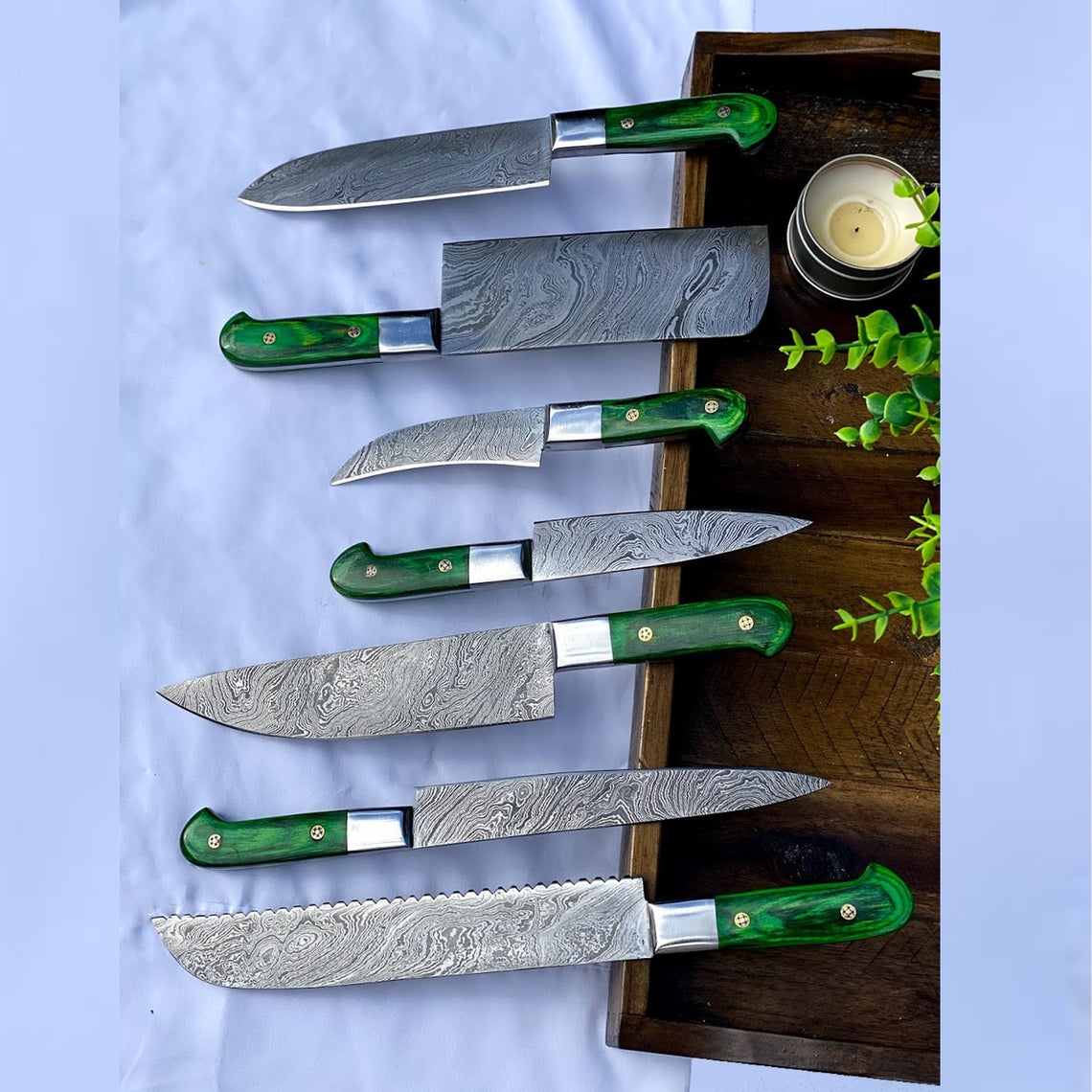 Custom Handmade Damascus Steel Knife – 13” Pakka Wood Handle, Steel Bolster & Leather Roll | Premium Knife Set Piece