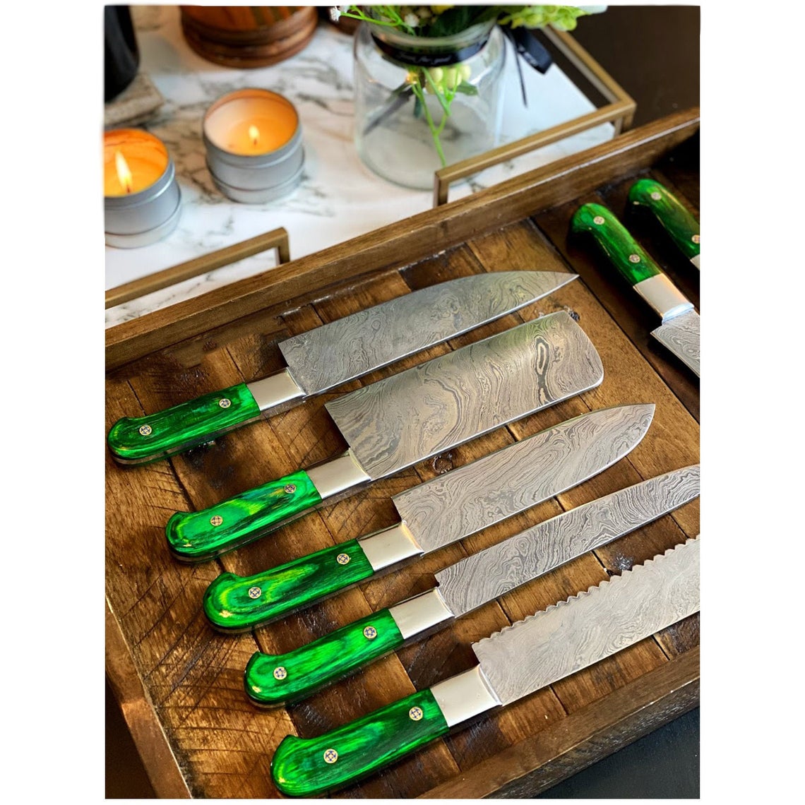Custom Handmade Damascus Steel Knife – 13” Pakka Wood Handle, Steel Bolster & Leather Roll | Premium Knife Set Piece