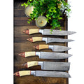 Custom Handmade Damascus Steel Knife Set – 13” Camel Bone or Pakka Wood Handle with Steel Bolster & Leather Roll