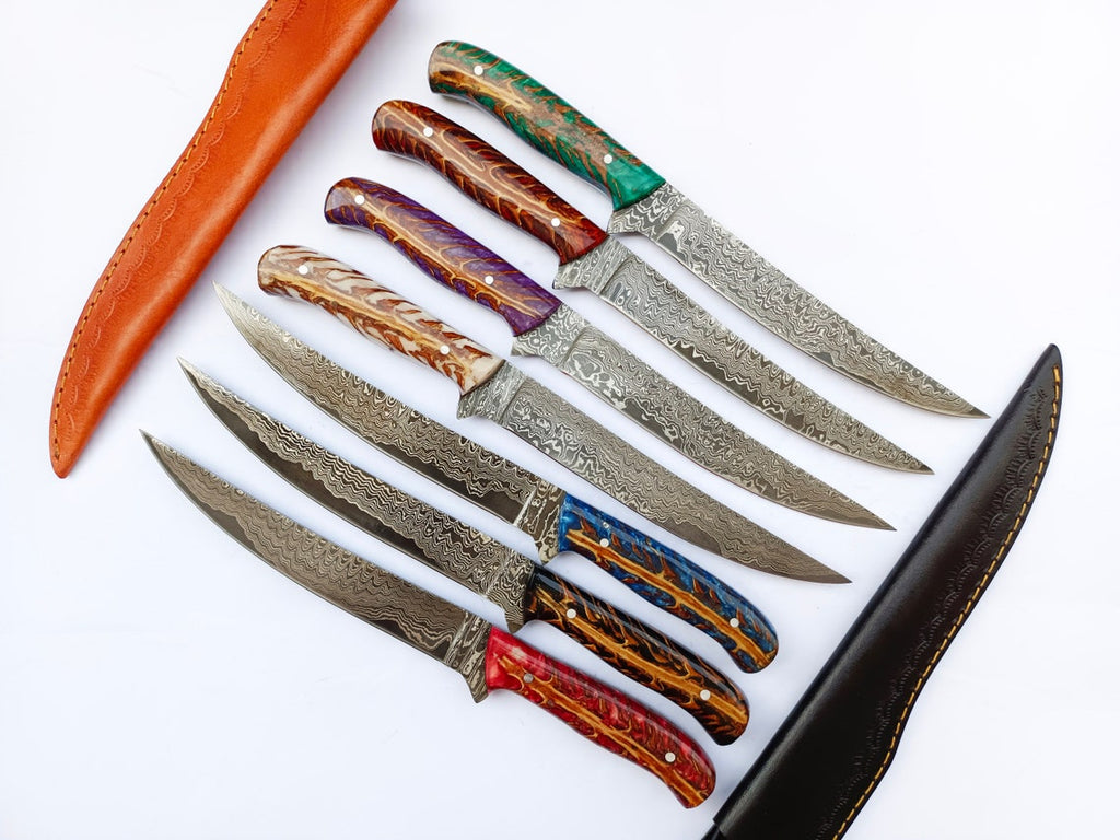 Custom Handmade Damascus Steel Fillet Knife with Epoxy Resin Pine Cone Handle - 13 Inch Length with Leather Sheath